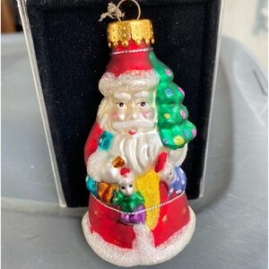 VTG THOMAS PACCONI GLASS GLITTERED  SANTA CLAUS CHRISTMAS TREE HOLIDAY ORNAMENT